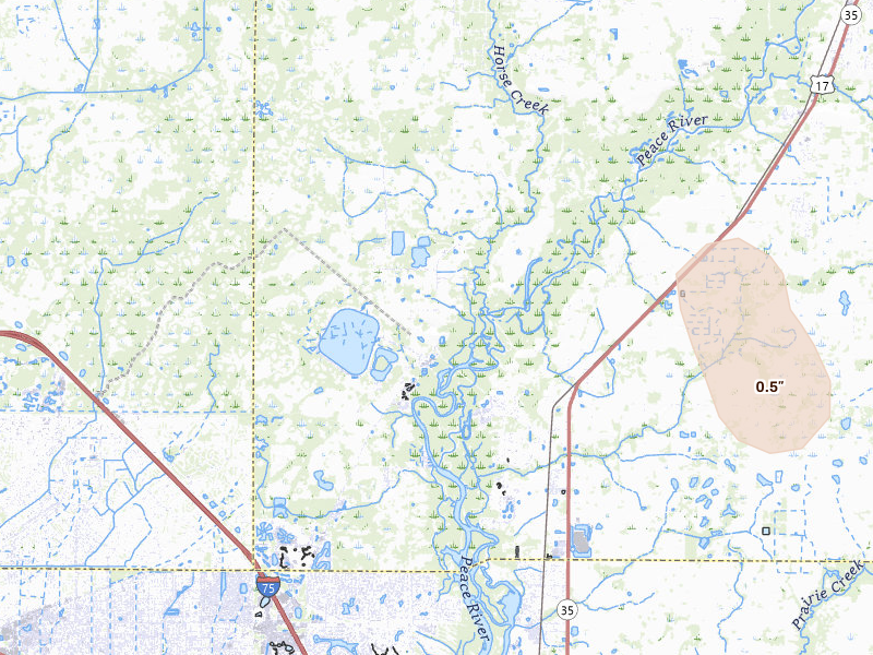 Radar-estimated hail-size map of the storm over Arcadia, FL on Jun 12, 2026