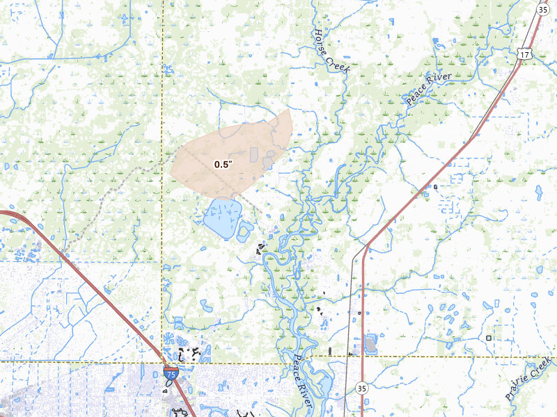 Radar-estimated hail-size map of the storm over Arcadia, FL on Jun 22, 2026