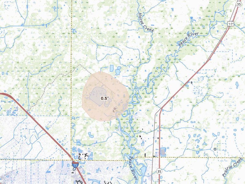 Radar-estimated hail-size map of the storm over Arcadia, FL on Jun 26, 2026