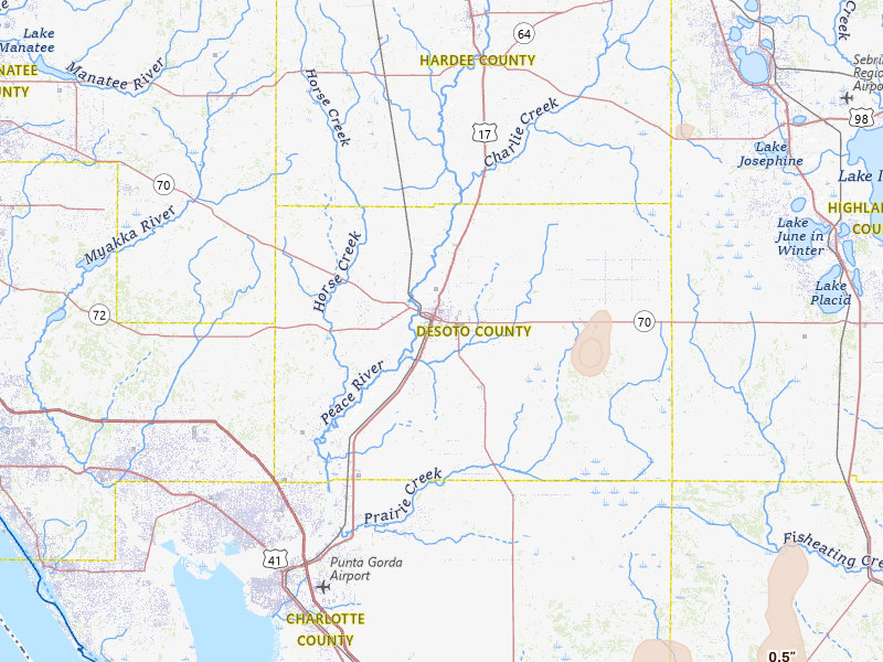 Radar-estimated hail-size map of the storm over Arcadia, FL on Jul 7, 2026