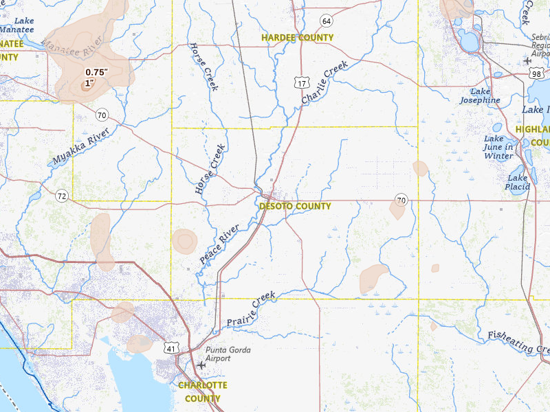 Radar-estimated hail-size map of the storm over Arcadia, FL on Jul 10, 2026