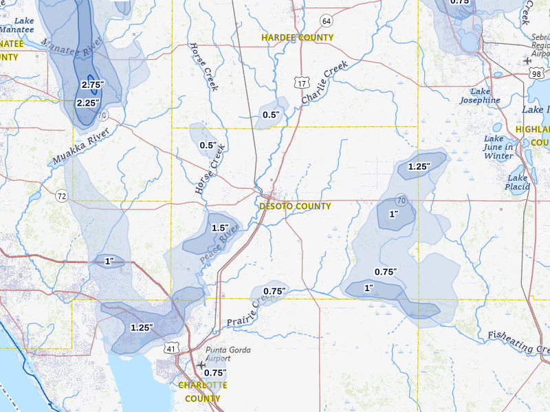 NEXRAD radar-signature map of the hail storm over Arcadia, FL on Jul 10, 2026