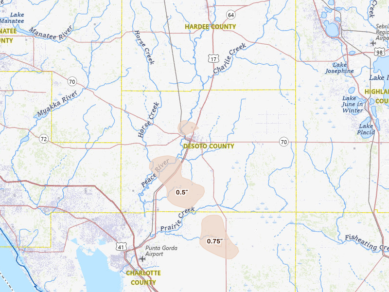 Radar-estimated hail-size map of the storm over Arcadia, FL on Jul 22, 2026