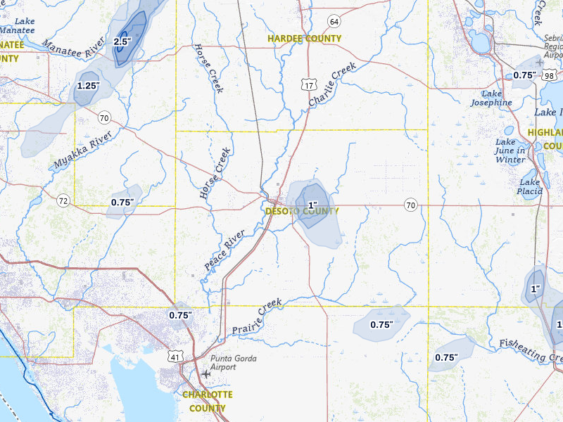 NEXRAD radar-signature map of the hail storm over Arcadia, FL on Jul 25, 2026