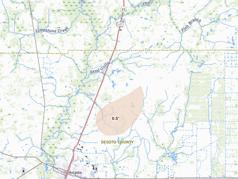 Radar-estimated hail-size map of the storm over Arcadia, FL on Aug 5, 2026