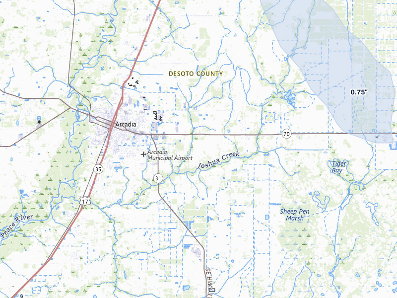 NEXRAD radar-signature map of the hail storm over Arcadia, FL on Aug 26, 2026