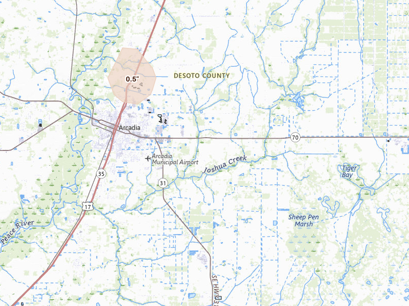 Radar-estimated hail-size map of the storm over Arcadia, FL on Aug 28, 2026
