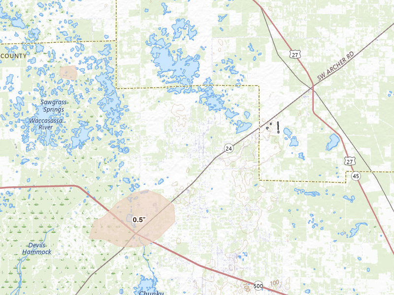 Radar-estimated hail-size map of the storm over Archer, FL on May 16, 2026