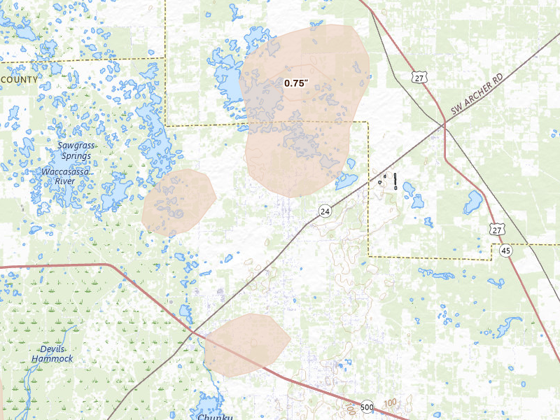 Radar-estimated hail-size map of the storm over Archer, FL on Jul 10, 2026