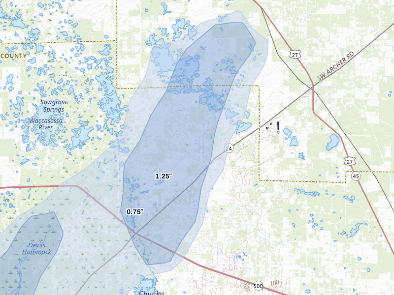 NEXRAD radar-signature map of the hail storm over Archer, FL on Jul 10, 2026