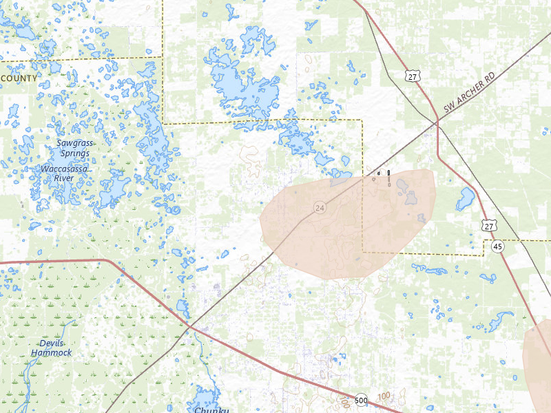 Radar-estimated hail-size map of the storm over Archer, FL on Jul 17, 2026