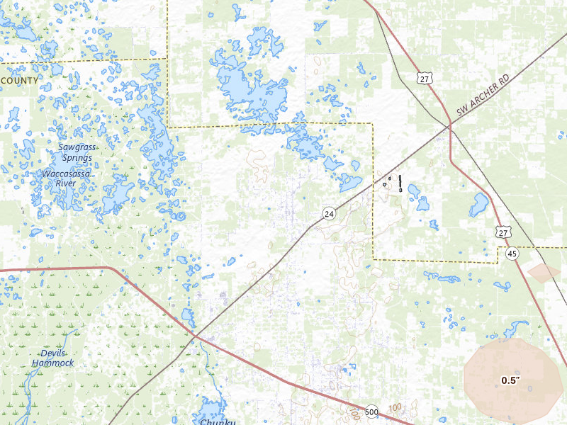 Radar-estimated hail-size map of the storm over Archer, FL on Jul 30, 2026