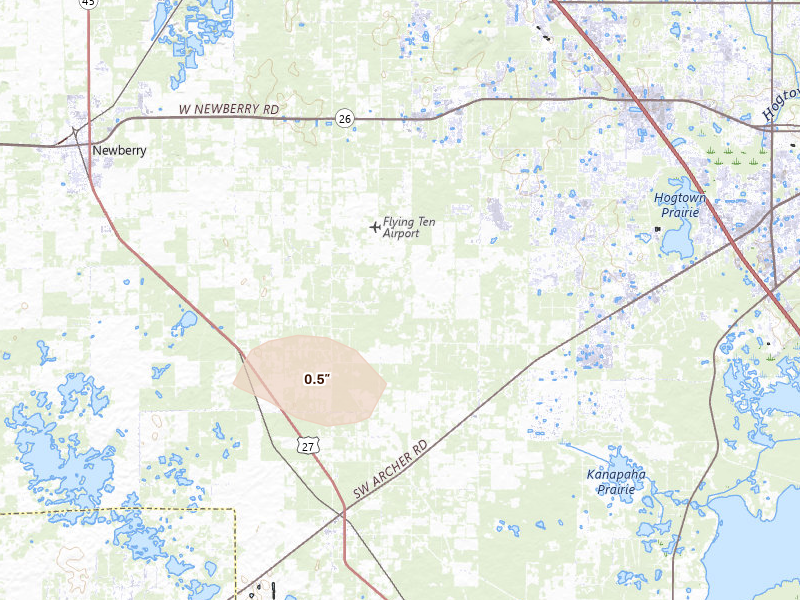 Radar-estimated hail-size map of the storm over Archer, FL on Aug 25, 2026