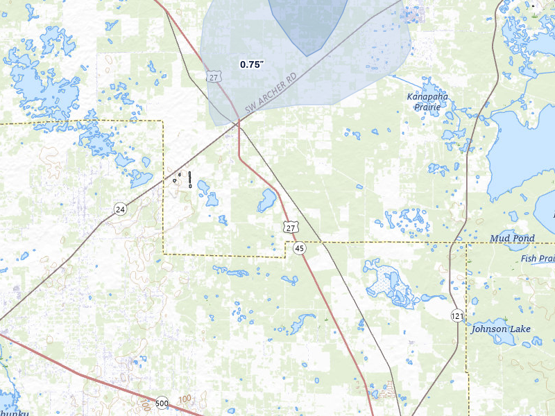 NEXRAD radar-signature map of the hail storm over Archer, FL on Aug 25, 2026