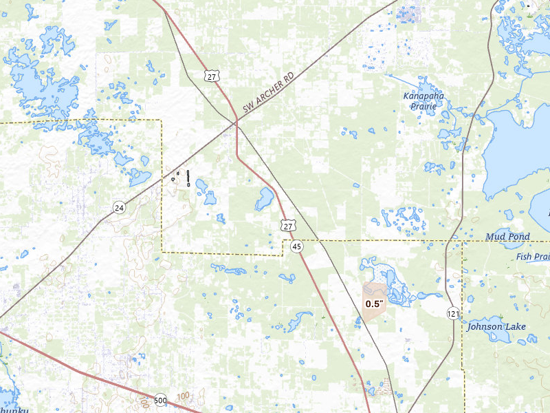 Radar-estimated hail-size map of the storm over Archer, FL on Aug 29, 2026