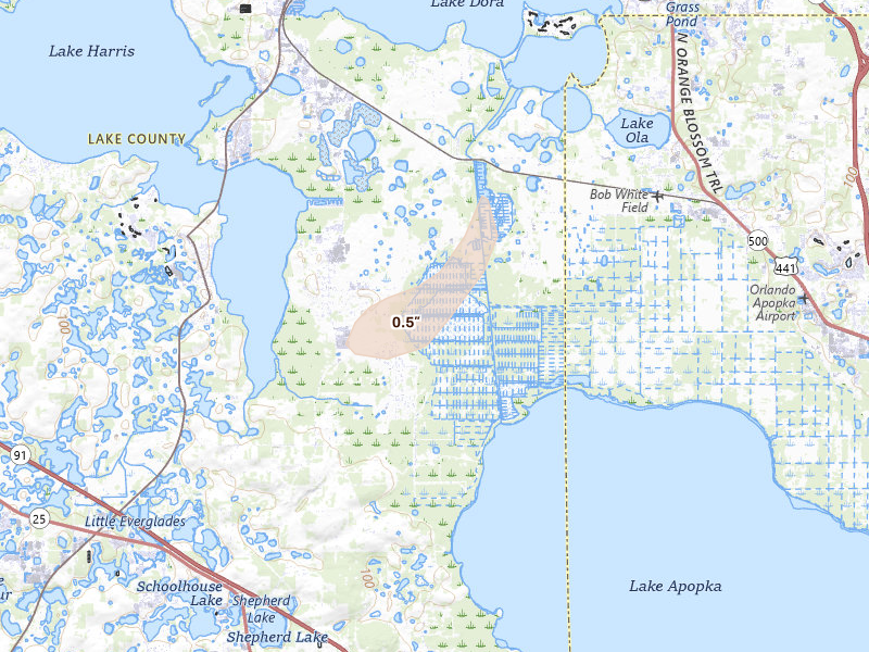 Radar-estimated hail-size map of the storm over Astatula, FL on Jul 9, 2026