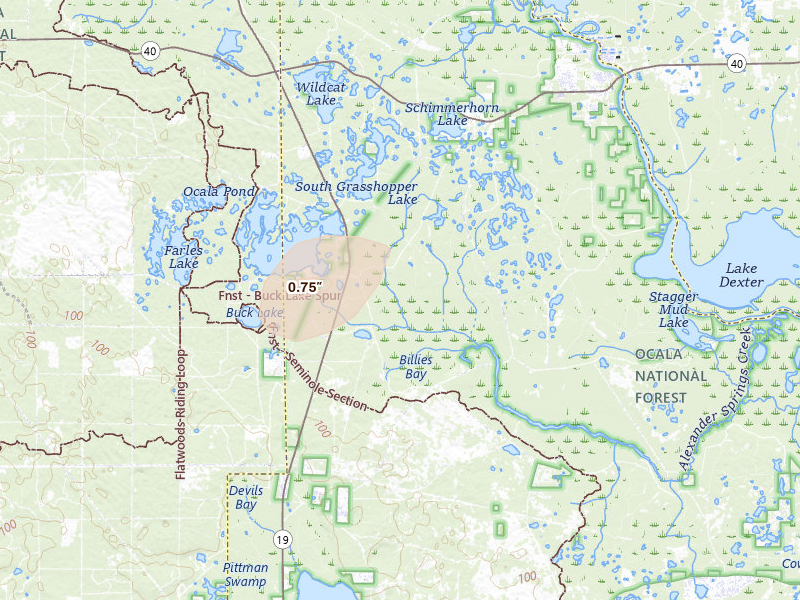 Radar-estimated hail-size map of the storm over Astor, FL on Jun 25, 2026