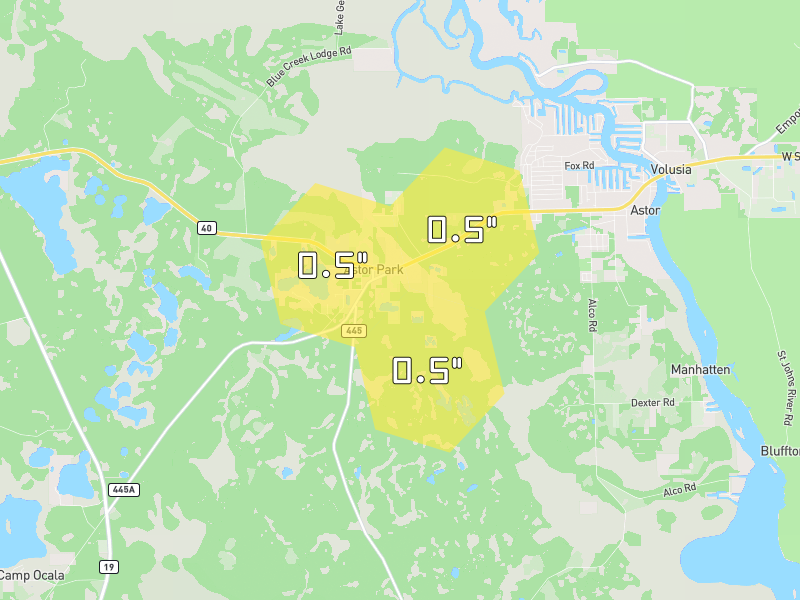 Hail map of Astor, FL on Jul 12, 2026, hail up to 0.5"