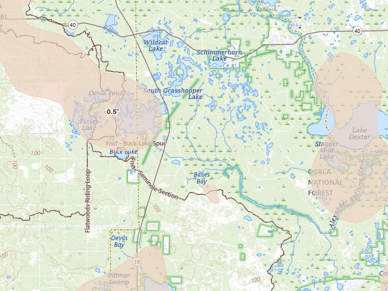 Radar-estimated hail-size map of the storm over Astor, FL on Aug 20, 2026