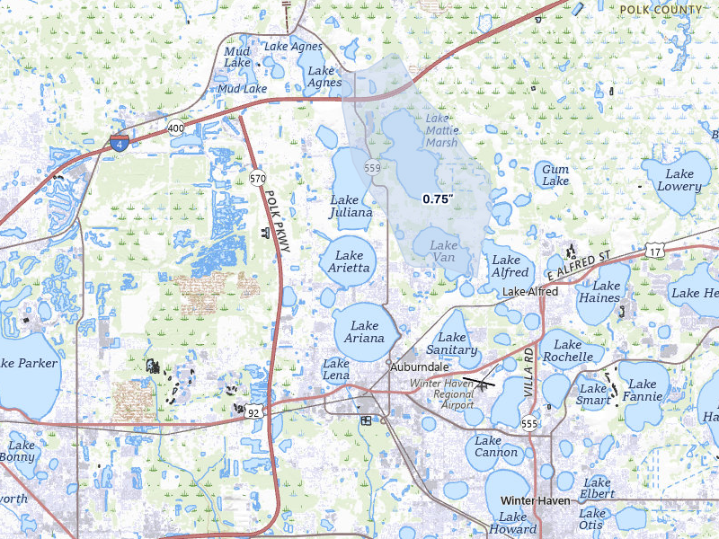 NEXRAD radar-signature map of the hail over Auburndale, FL