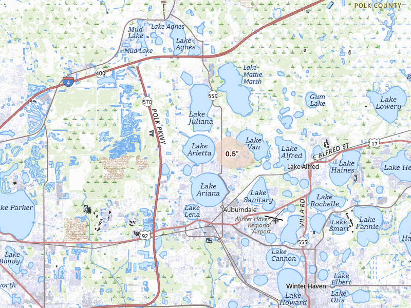 Radar-estimated hail-size map of the storm over Auburndale, FL on Jul 13, 2026