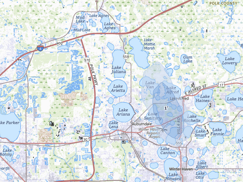 NEXRAD radar-signature map of the hail over Auburndale, FL
