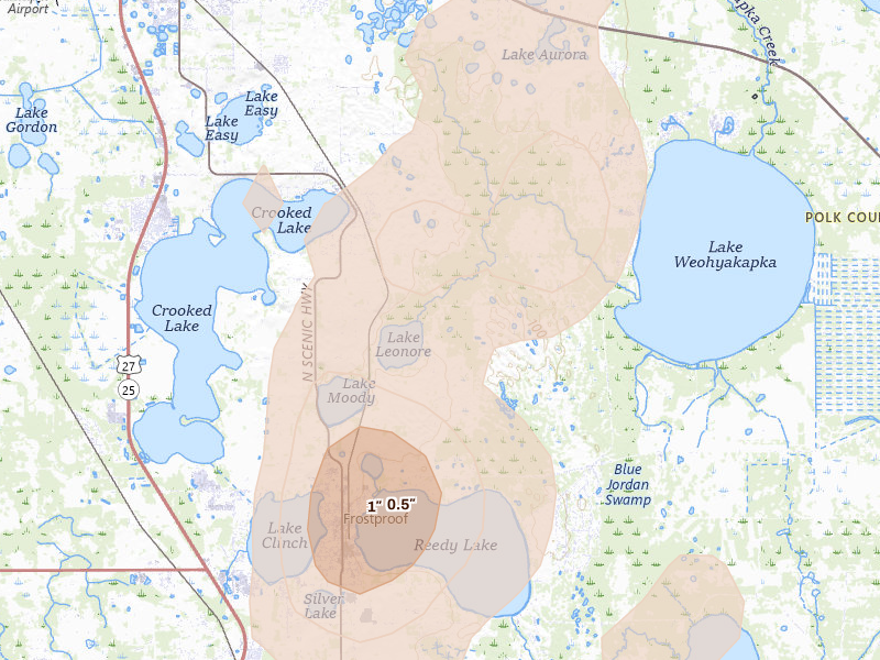 Radar-estimated hail-size map of the storm over Babson Park, FL on Jun 24, 2026