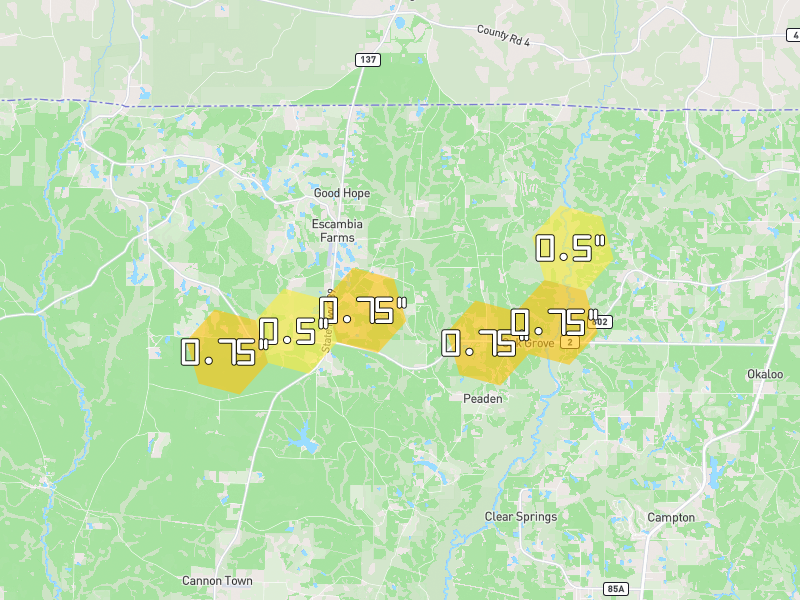 Hail map of Baker, FL on Jun 30, 2026, hail up to 0.75"