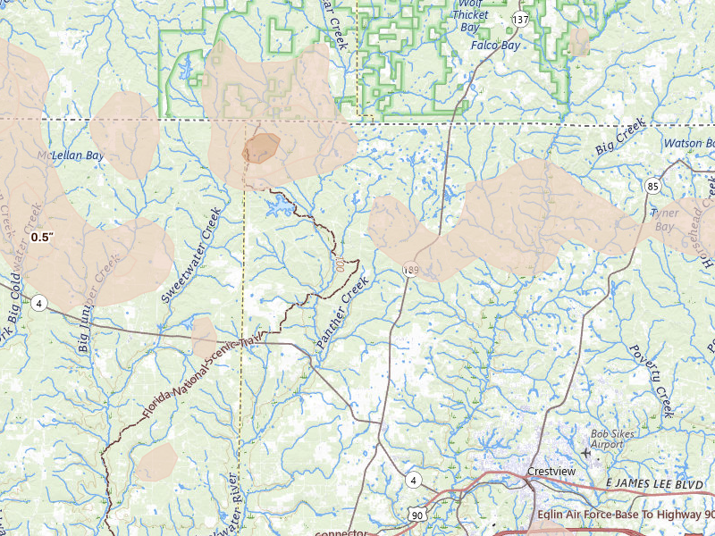 Radar-estimated hail-size map of the storm over Baker, FL on Aug 18, 2026