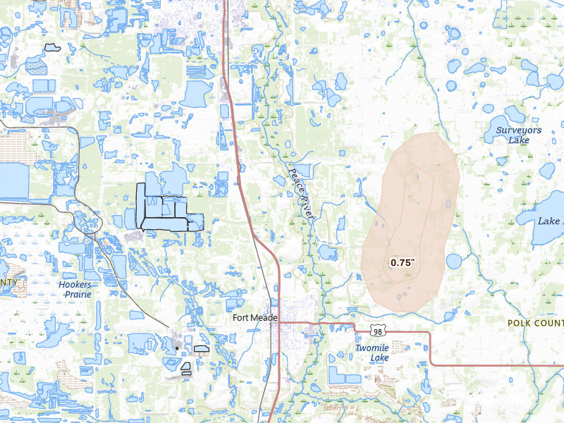 Radar-estimated hail-size map of the storm over Bartow, FL on Mar 15, 2026