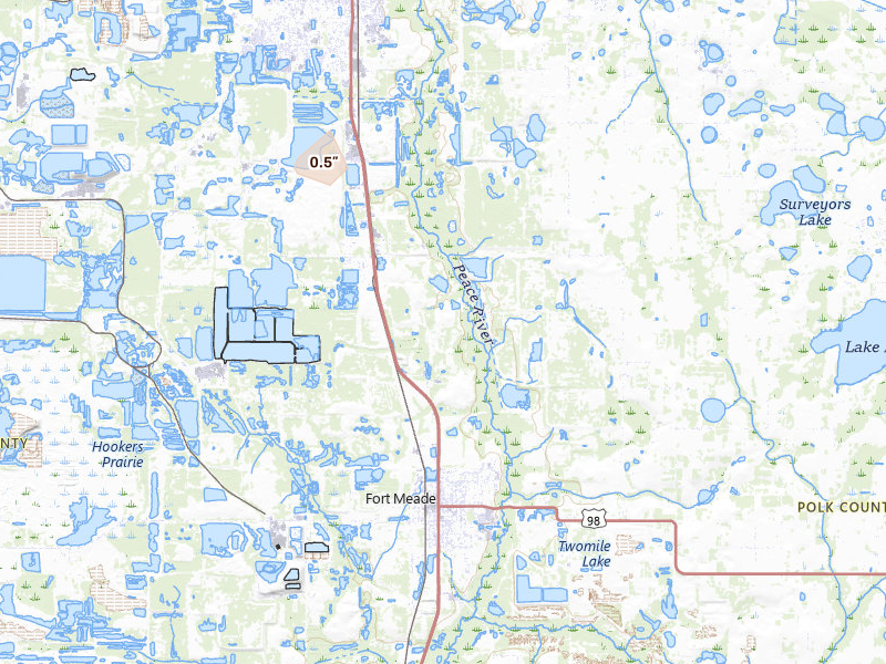 Radar-estimated hail-size map of the storm over Bartow, FL on Jun 22, 2026