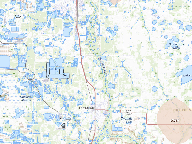 Radar-estimated hail-size map of the storm over Bartow, FL on Jun 24, 2026