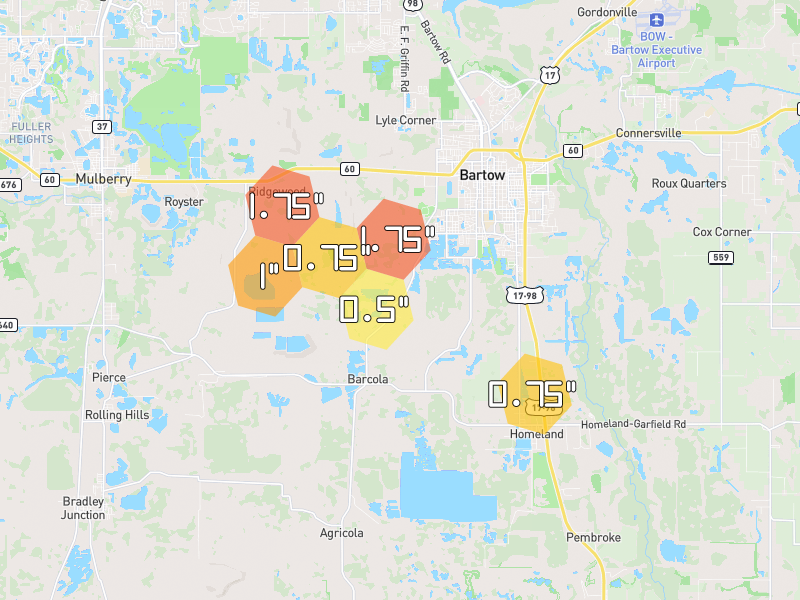 Hail map of Bartow, FL on Jun 30, 2026, hail up to 1.75"