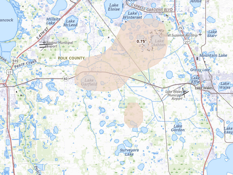 Radar-estimated hail-size map of the storm over Bartow, FL on Aug 21, 2026