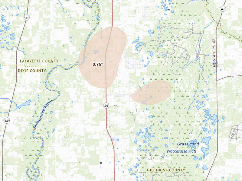 Radar-estimated hail-size map of the storm over Bell, FL on Jul 10, 2026
