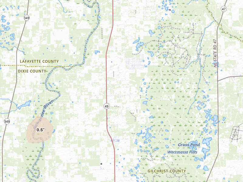 Radar-estimated hail-size map of the storm over Bell, FL on Jul 11, 2026