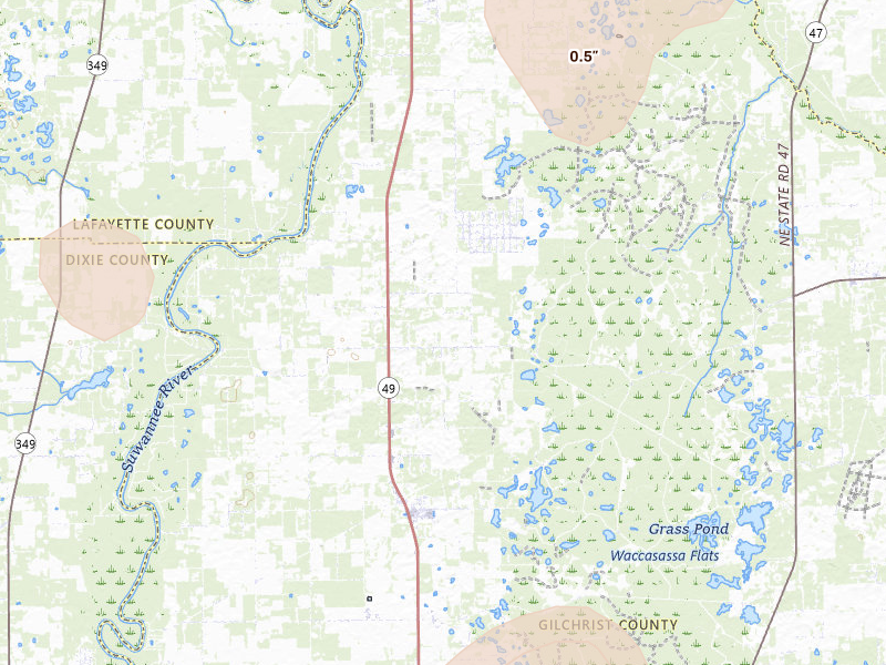 Radar-estimated hail-size map of the storm over Bell, FL on Jul 17, 2026