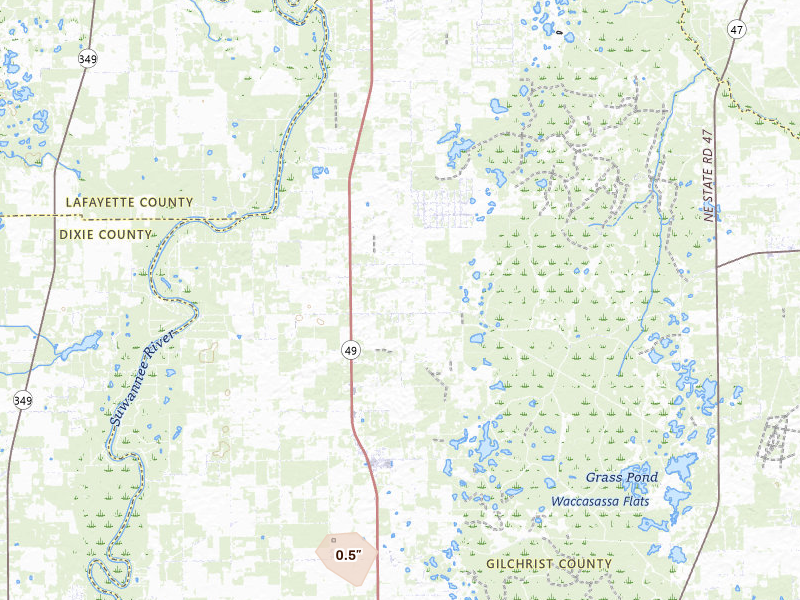 Radar-estimated hail-size map of the storm over Bell, FL on Jul 30, 2026