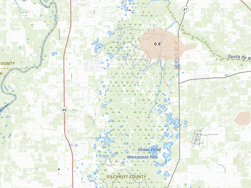 Radar-estimated hail-size map of the storm over Bell, FL on Aug 18, 2026
