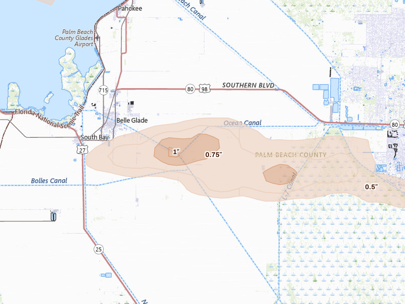 Radar-estimated hail-size map of the storm over Belle Glade, FL on Feb 28, 2026