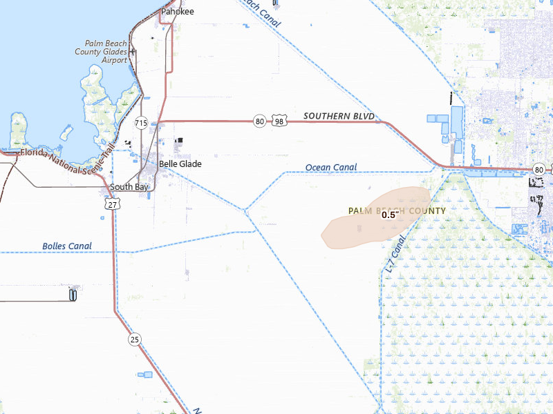 Radar-estimated hail-size map of the storm over Belle Glade, FL on May 31, 2026