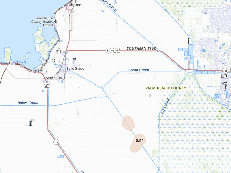 Radar-estimated hail-size map of the storm over Belle Glade, FL on Jun 14, 2026