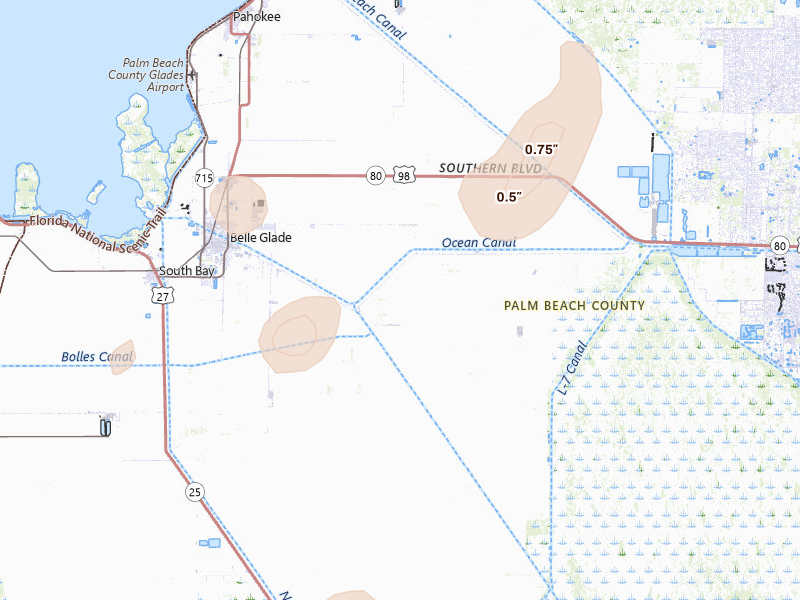 Radar-estimated hail-size map of the storm over Belle Glade, FL on Jun 17, 2026