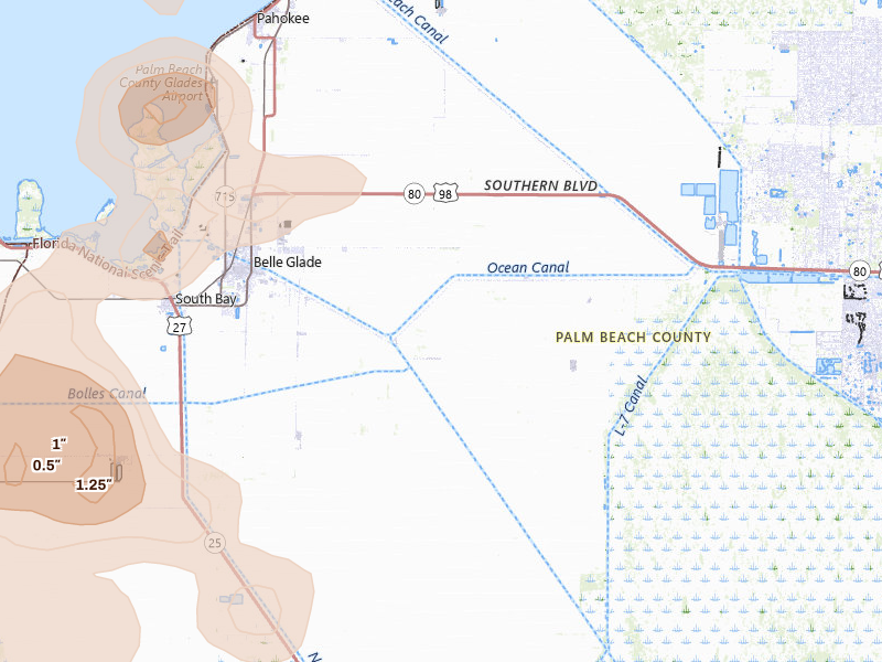 Radar-estimated hail-size map of the storm over Belle Glade, FL on Jun 19, 2026