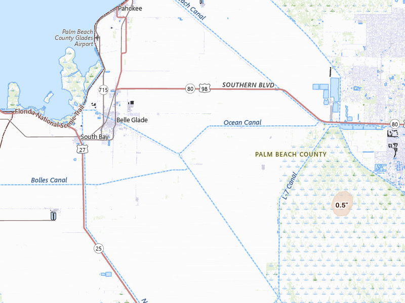 Radar-estimated hail-size map of the storm over Belle Glade, FL on Jun 30, 2026