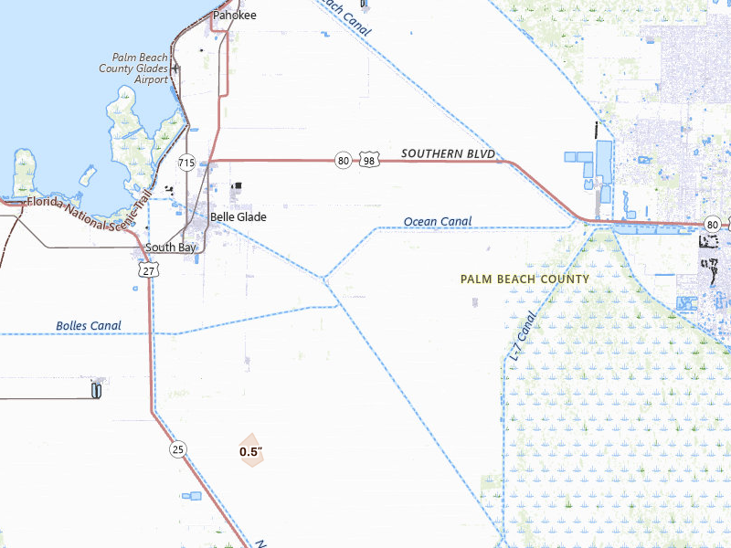 Radar-estimated hail-size map of the storm over Belle Glade, FL on Jul 3, 2026