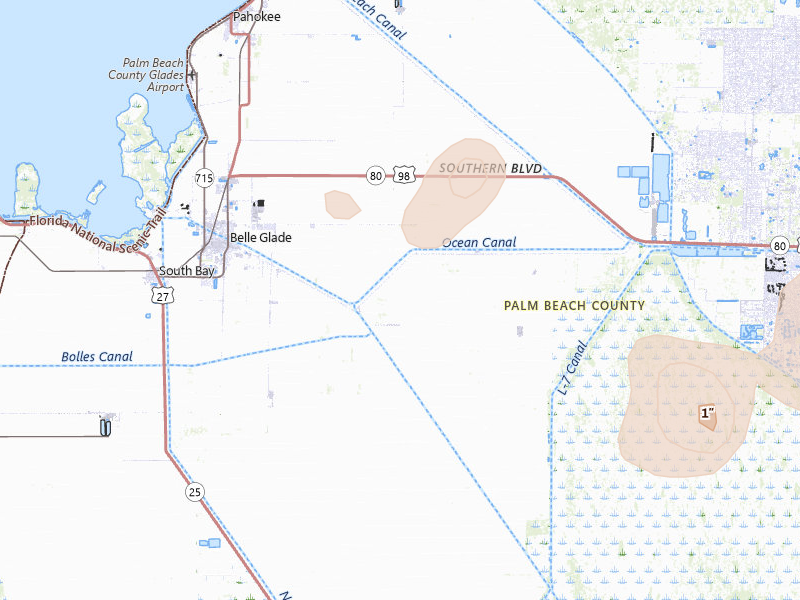 Radar-estimated hail-size map of the storm over Belle Glade, FL on Jul 6, 2026