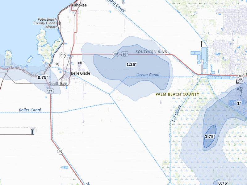 NEXRAD radar-signature map of the hail storm over Belle Glade, FL on Jul 6, 2026