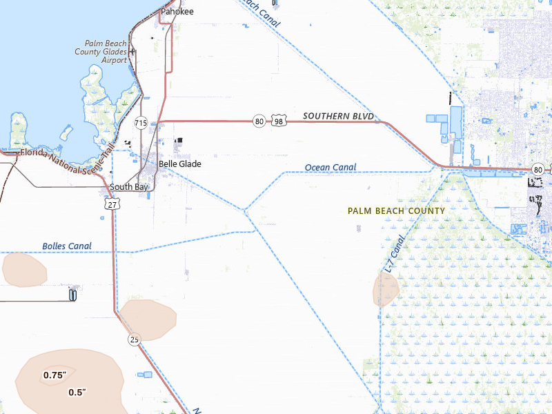 Radar-estimated hail-size map of the storm over Belle Glade, FL