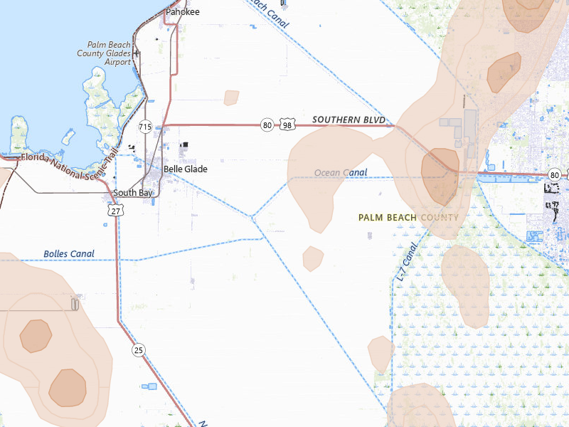 Radar-estimated hail-size map of the storm over Belle Glade, FL on Jul 17, 2026